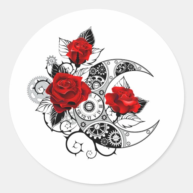 Mechanical Crescent with Red Roses Classic Round Sticker (Front)