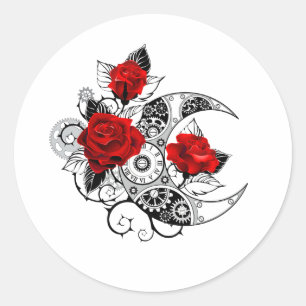 Mechanical Crescent with Red Roses Classic Round Sticker