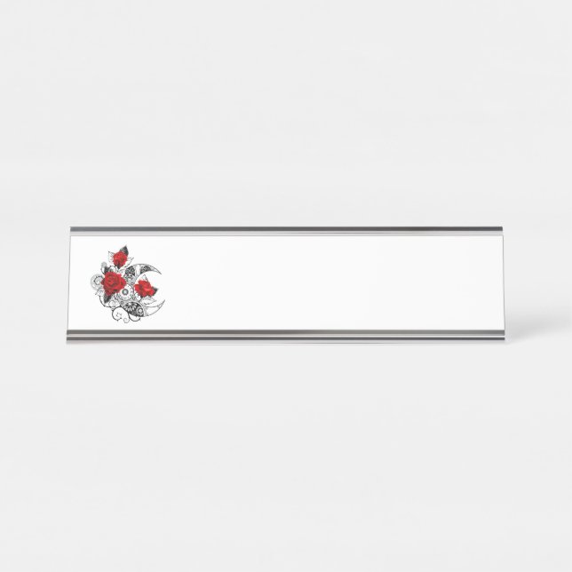 Mechanical Crescent with Red Roses Desk Name Plate (Front)