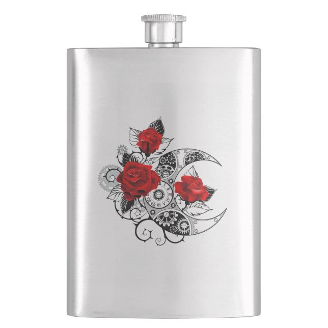 Mechanical Crescent with Red Roses Hip Flask (Front)