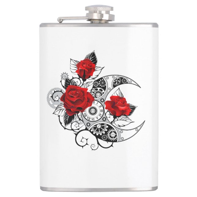 Mechanical Crescent with Red Roses Hip Flask (Front)