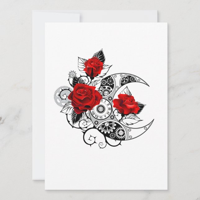Mechanical Crescent with Red Roses Holiday Card (Front)