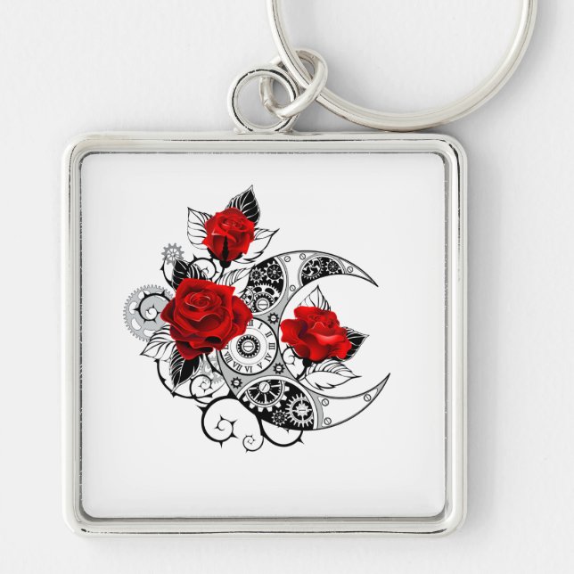Mechanical Crescent with Red Roses Key Ring (Front)