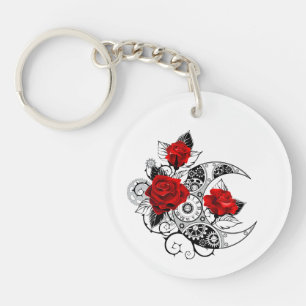 Mechanical Crescent with Red Roses Key Ring