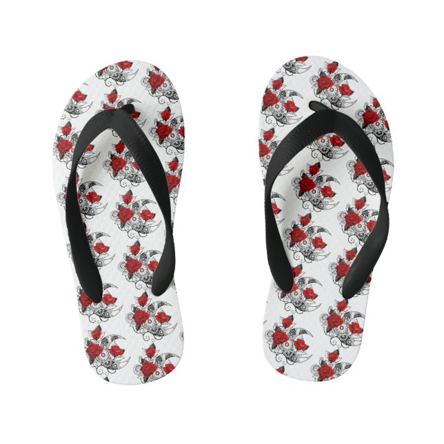 Mechanical Crescent with Red Roses Kid's Flip Flops (Footbed)