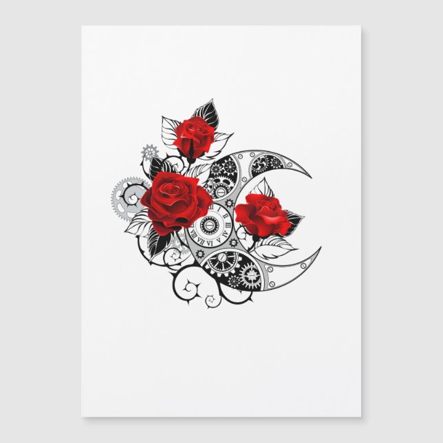 Mechanical Crescent with Red Roses Magnetic Invitation (Front)