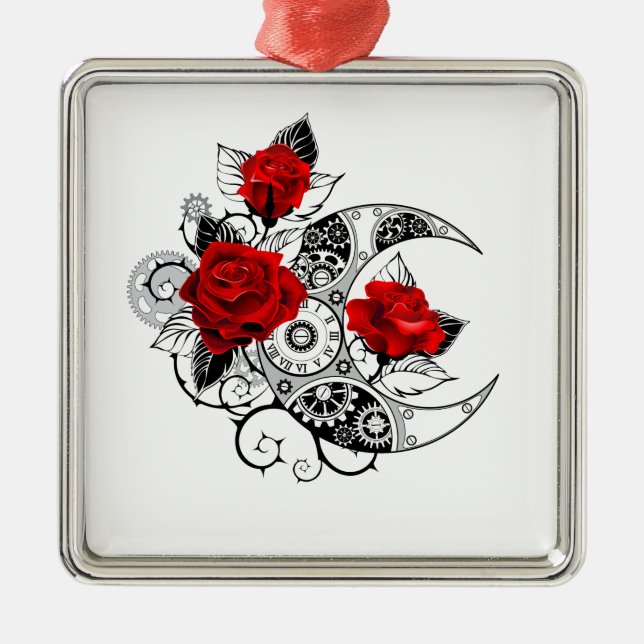 Mechanical Crescent with Red Roses Metal Tree Decoration (Front)