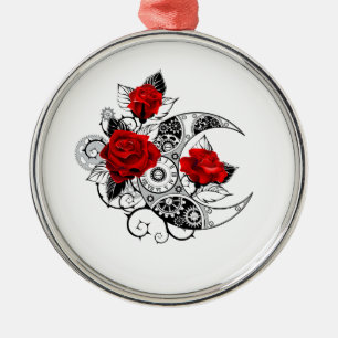 Mechanical Crescent with Red Roses Metal Tree Decoration