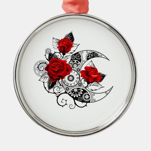 Mechanical Crescent with Red Roses Metal Tree Decoration (Front)