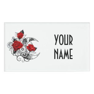 Mechanical Crescent with Red Roses Name Tag