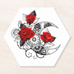 Mechanical Crescent with Red Roses Paper Coaster