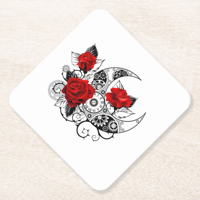 Mechanical Crescent with Red Roses Paper Coaster (Front)