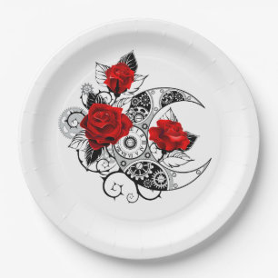 Mechanical Crescent with Red Roses Paper Plate