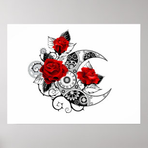 Mechanical Crescent with Red Roses Poster