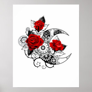 Mechanical Crescent with Red Roses Poster