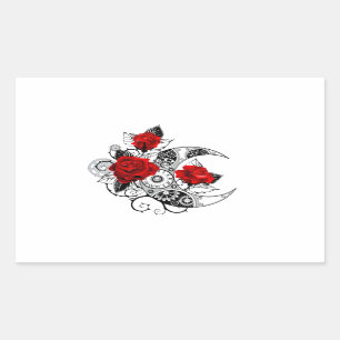 Mechanical Crescent with Red Roses Rectangular Sticker