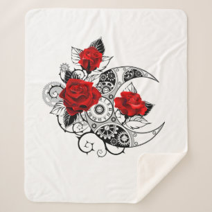 Mechanical Crescent with Red Roses Sherpa Blanket