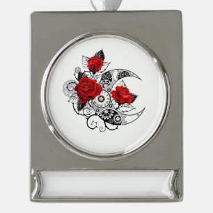 Mechanical Crescent with Red Roses Silver Plated Banner Ornament