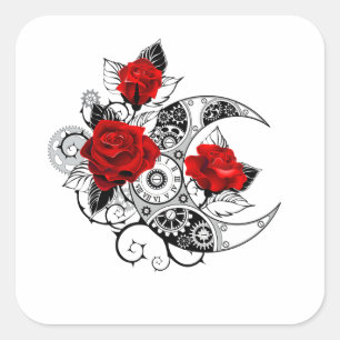 Mechanical Crescent with Red Roses Square Sticker