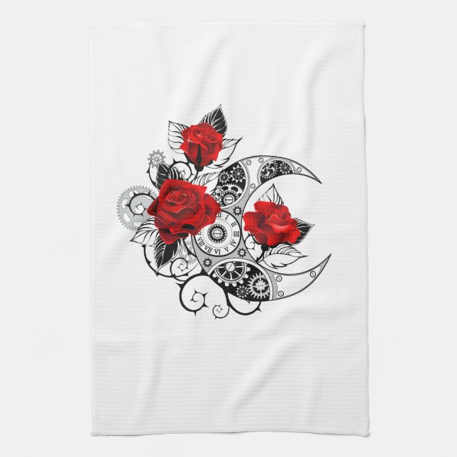 Mechanical Crescent with Red Roses Tea Towel (Vertical)