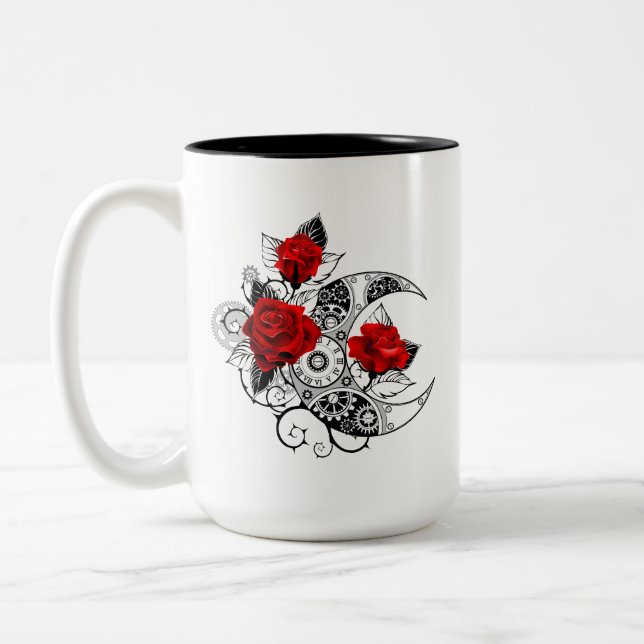 Mechanical Crescent with Red Roses Two-Tone Coffee Mug (Left)