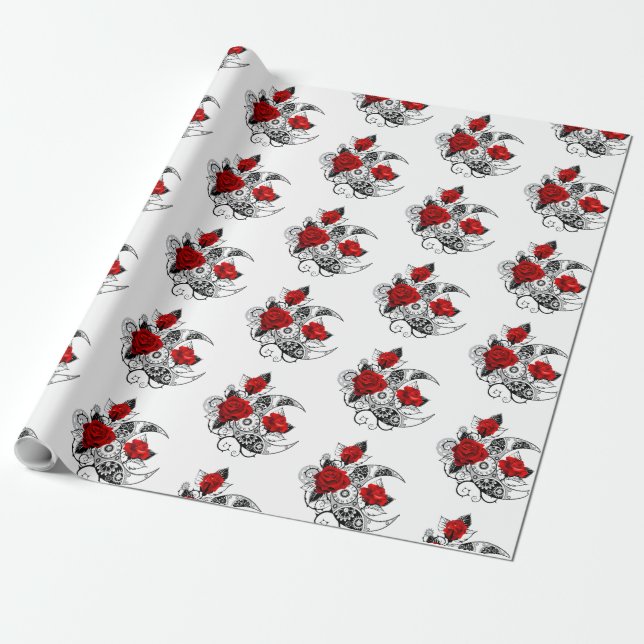 Mechanical Crescent with Red Roses Wrapping Paper (Unrolled)