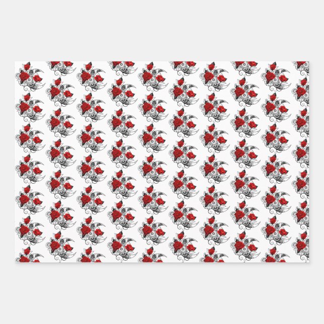 Mechanical Crescent with Red Roses Wrapping Paper Sheet (Front)
