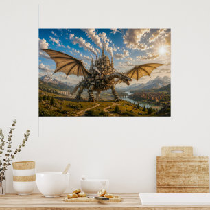 Mechanical Dragon Carrying a Steampunk Castle City Poster
