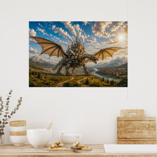 Mechanical Dragon Carrying a Steampunk Castle City Poster