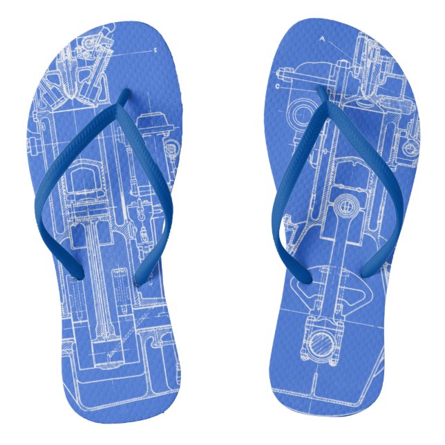 MECHANICAL DRAWING VINTAGE BLUEPRINT WHITE CUSTOM FLIP FLOPS (Footbed)