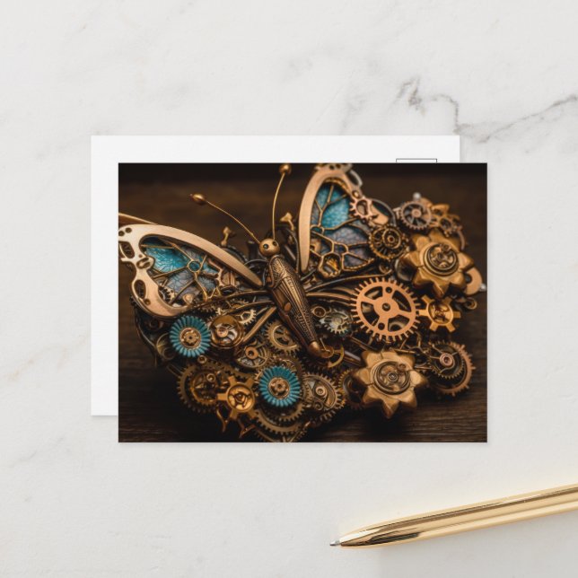 Mechanical Gears Steampunk Butterfly Postcard (Front/Back In Situ)