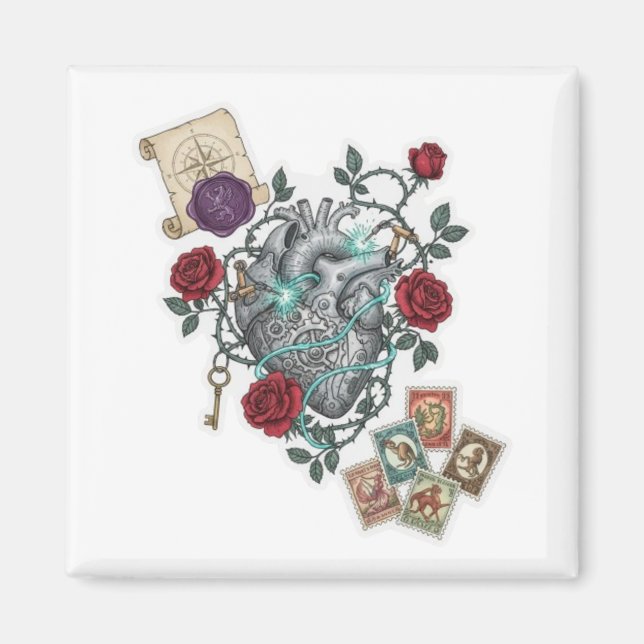 Mechanical Heart with Roses – Vintage Surreal Art Magnet (Front)