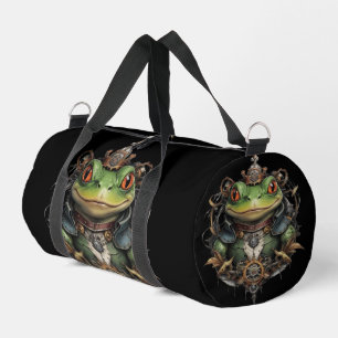 "Mechanical Leap: The Steampunk Green Frog" Duffle Bag