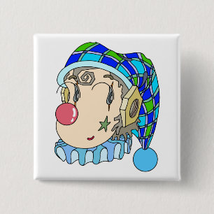 Mechanical "romantic clown" with a lovely smile. 15 cm square badge