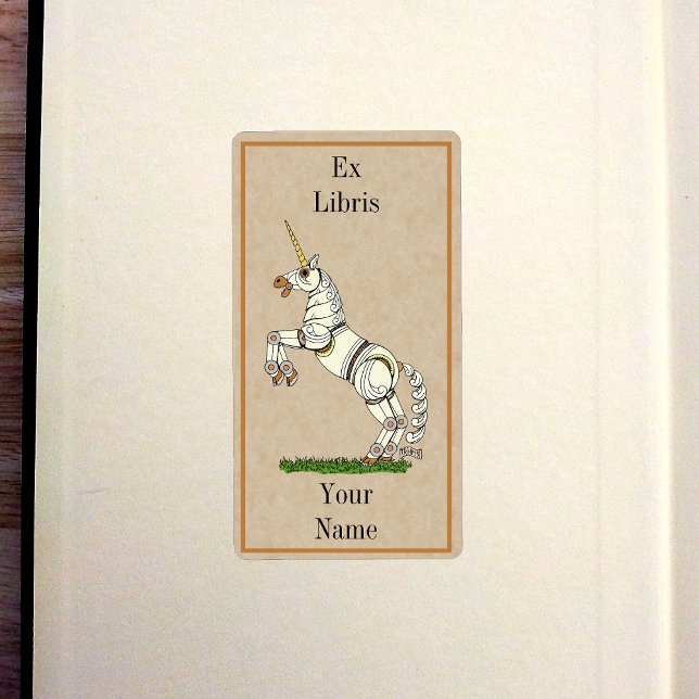 Mechanical Unicorn Bookplate (Mechanical Unicorn Bookplate in Old Book)