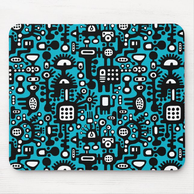 Mechanoid World - Black and White with Aqua Blue Mouse Mat (Front)