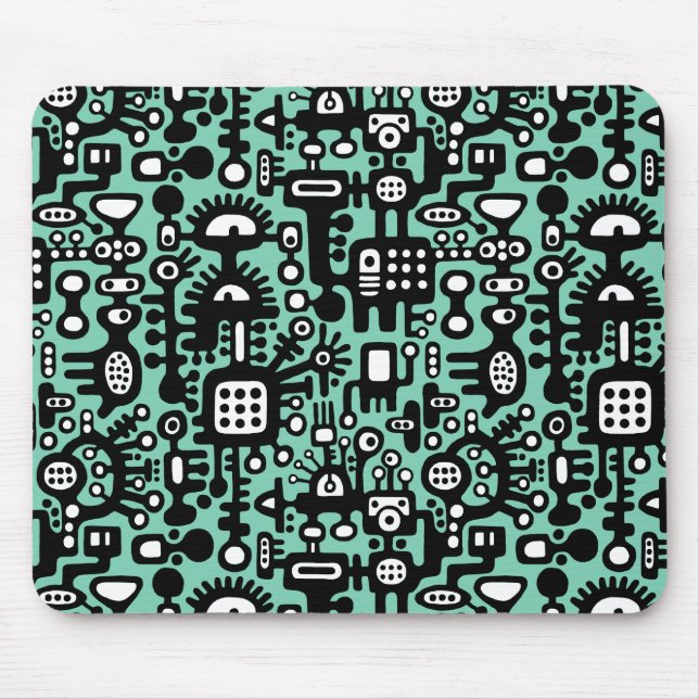 Mechanoid World - Black and White with Light Green Mouse Mat (Front)