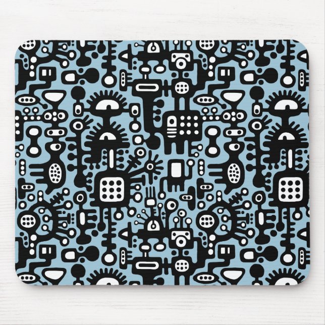 Mechanoid World - Black and White with Lt Blue Mouse Mat (Front)