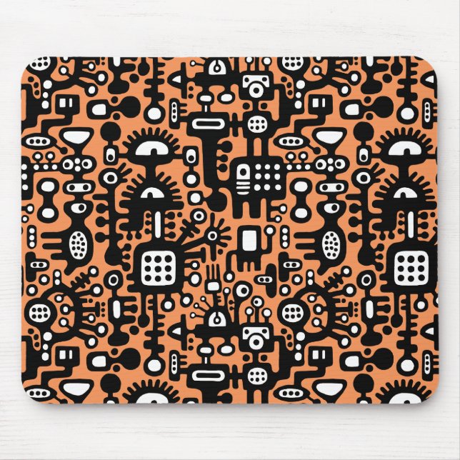 Mechanoid World - Black and White with Orange Mouse Mat (Front)