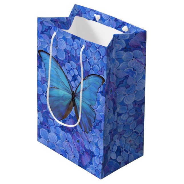 Med Gift Bag Blue Morpho on Hydrangea (Front Angled)