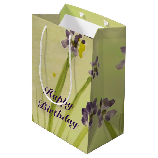 Med Gift Bag In Purple And Lime Floral Design (Back Angled)