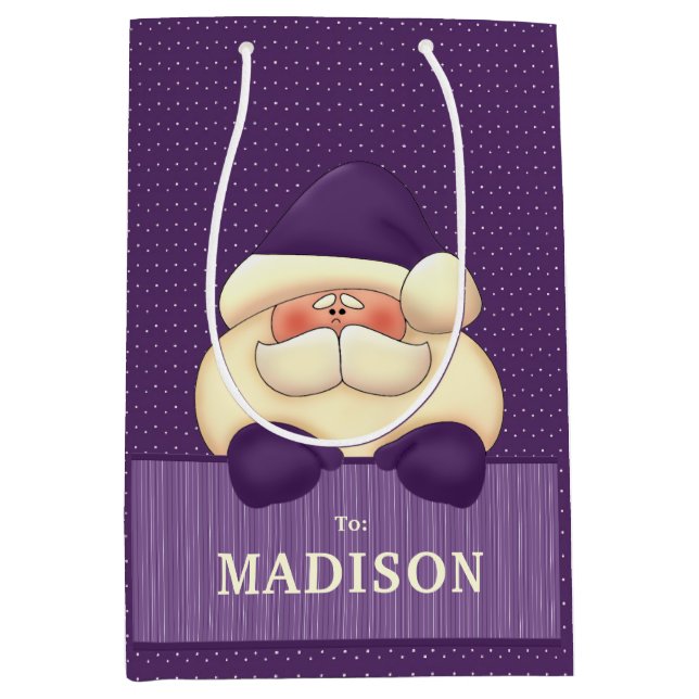 MED Purple Santa Polka Dots and Stripes Medium Gift Bag (Front)