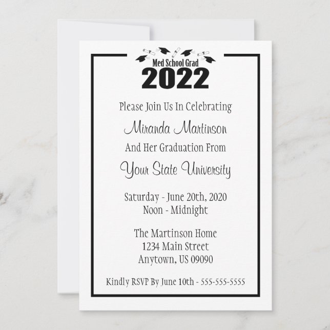 Med School Grad 2022 Graduation Invite (Black Cap) (Front)