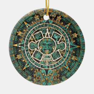 Medallion Coin Ornament, Ancient Aztec Calendar Ceramic Tree Decoration