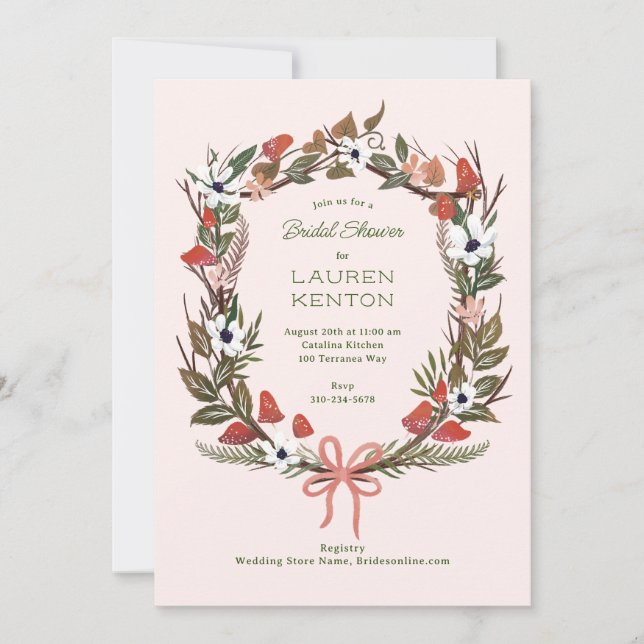 Medallion wreath forest mushroom blush invitation (Front)