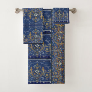 Medallions, Motifs Blue Gold Victorian Silver Bath Towel Set