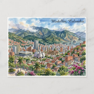 Medellin, Colombia Panorama View Watercolor Art Postcard
