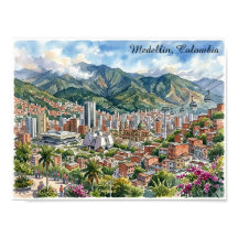 Medellin, Colombia Panorama View Watercolor Art