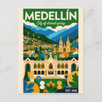 Medellín Colombia Retro Travel Poster Art