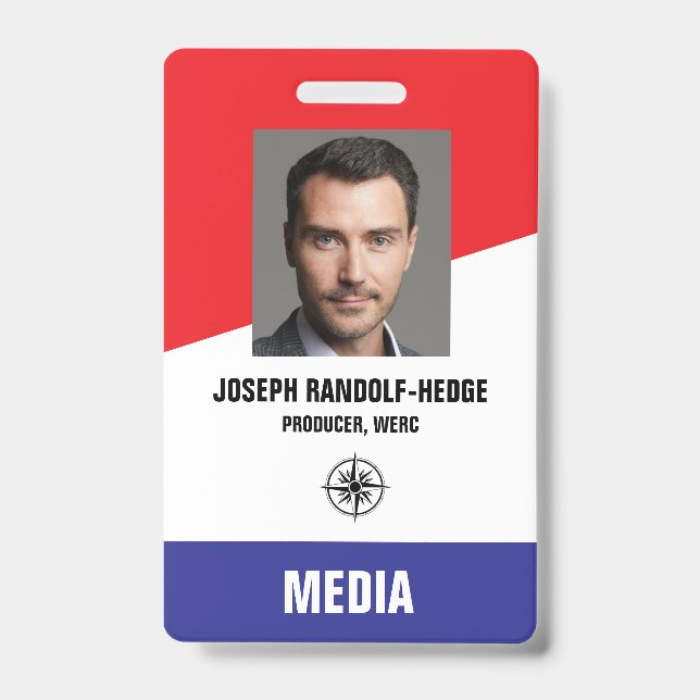 MEDIA PASS - Photo I.D. Red/Blue Badge ID Badge (Front)